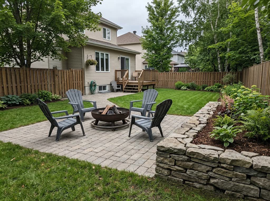 Patio en pavé avec muret de pierre et foyer extérieur