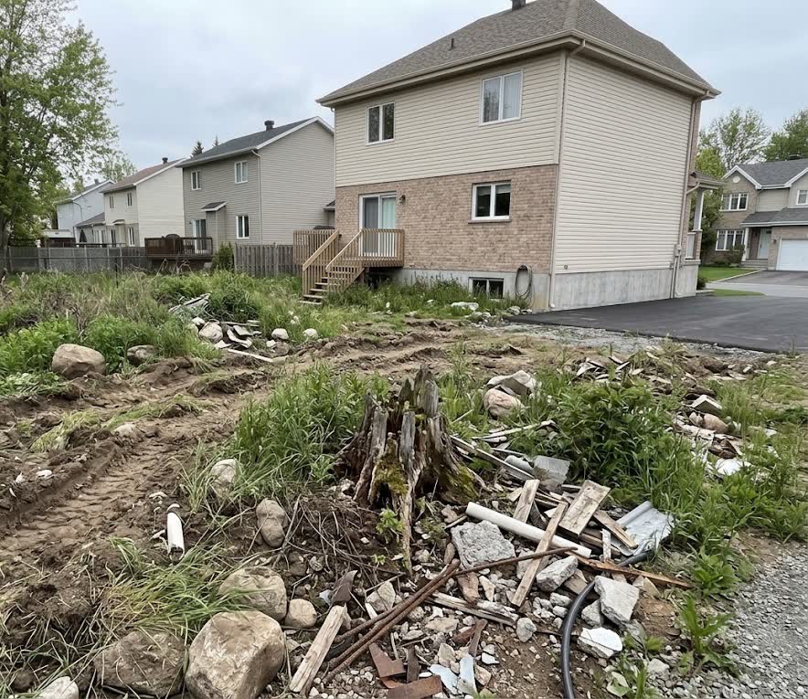 Terrain accidenté avec broussailles et pierres avant le terrassement